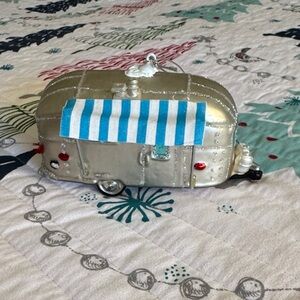 Silver Camper Ornament with Blue Stripes